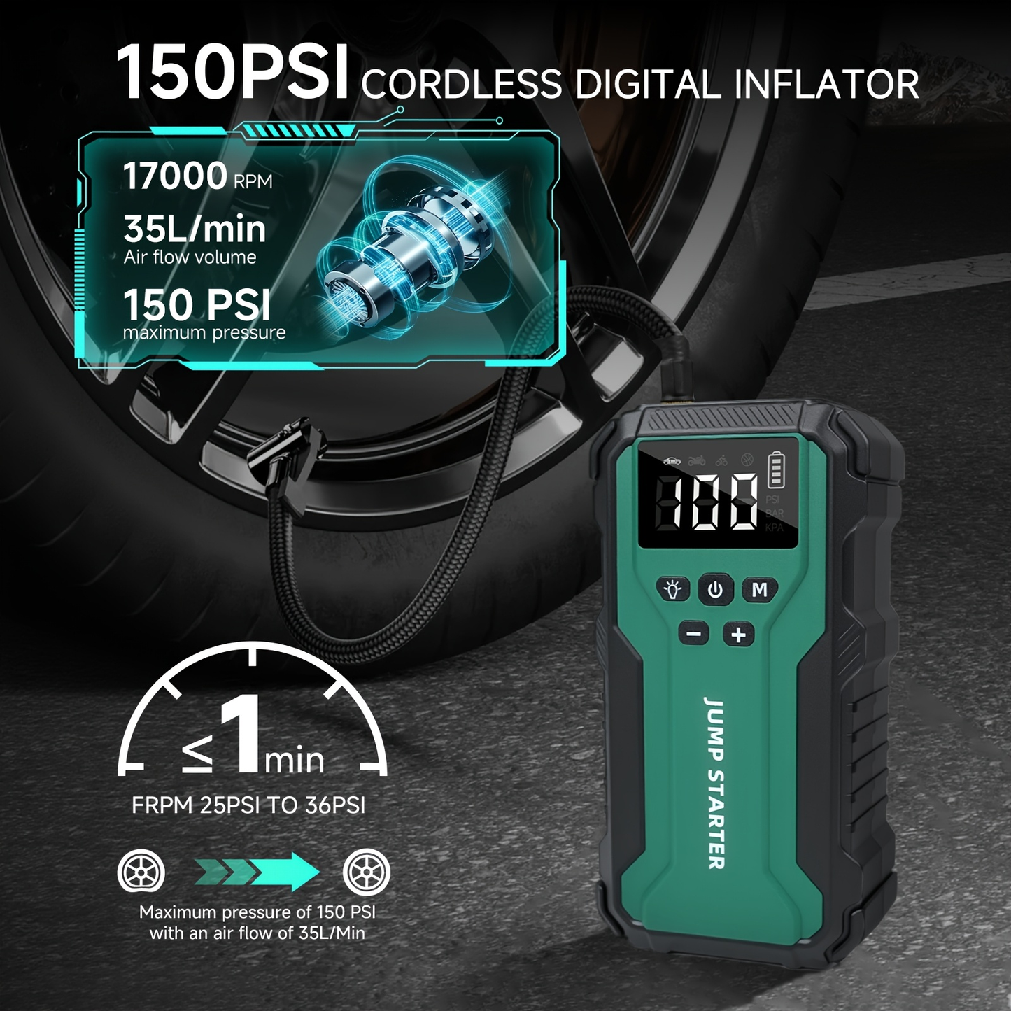 Car Jump Starter 10000A 7-in-1 Portable Battery Booster with Air Pump, Digital Tire Inflator 150PSI, LED Emergency Light for Gas & Diesel Vehicles