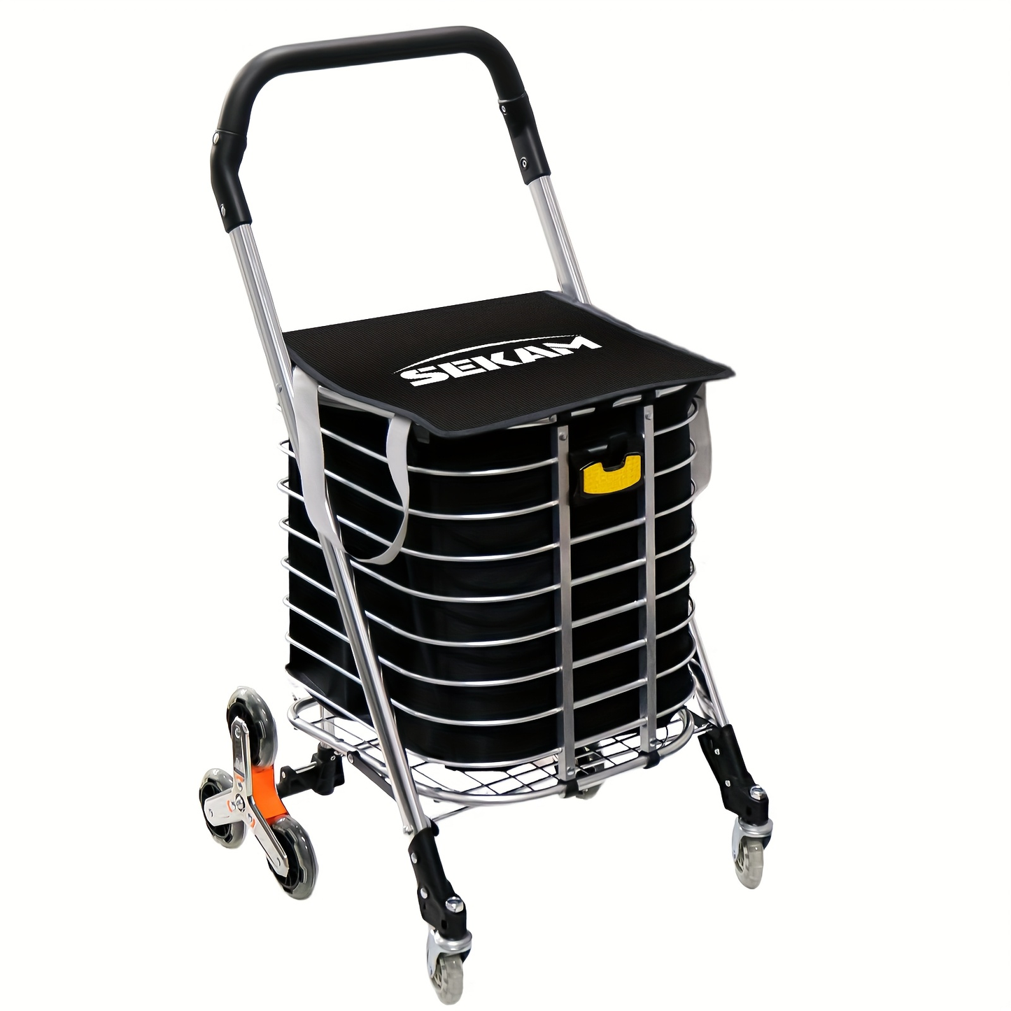 Stair Climbing Cart Collapsible Shopping Trolley with Swivel Wheels & Night Light, Portable Folding Utility Cart for Supermarket Camping Groceries Indoor Outdoor Use