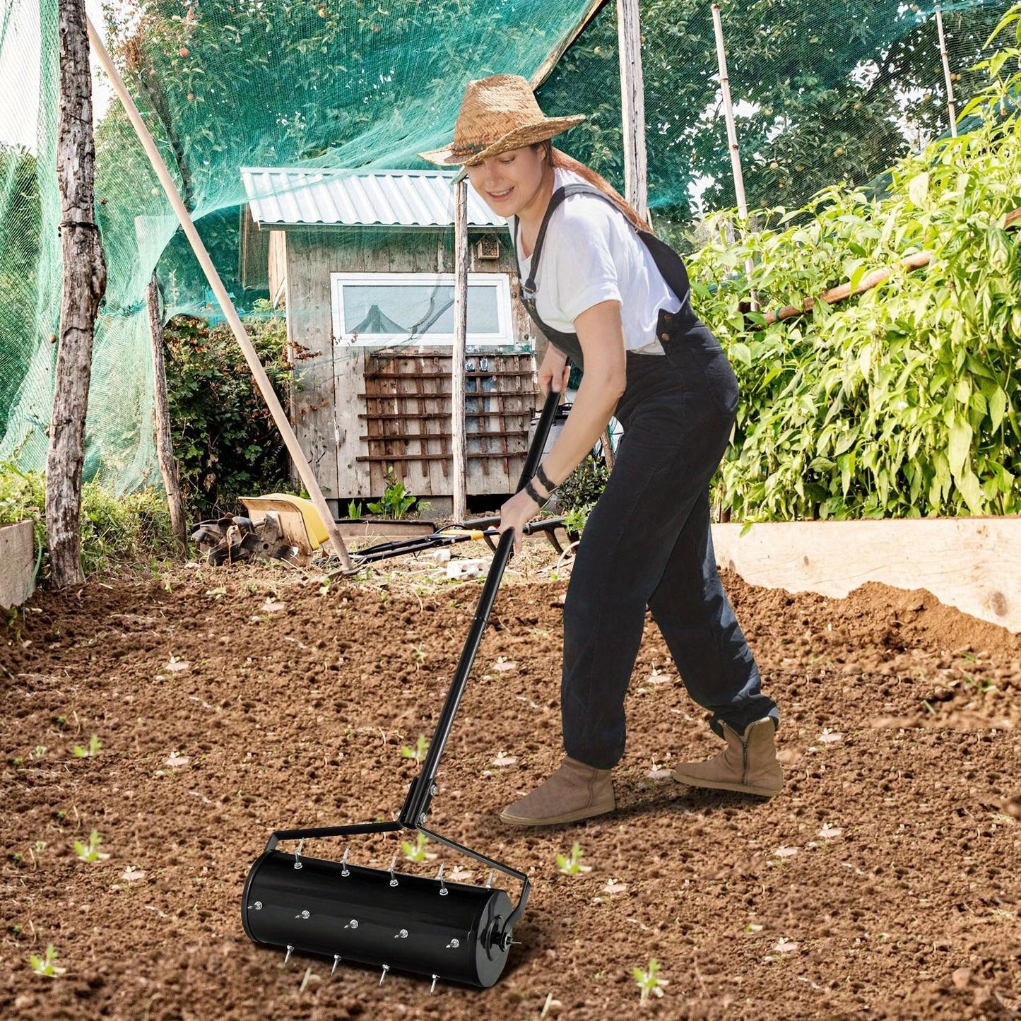 Fillable Drum Lawn Aerator Rolling Heavy Duty - 18 & 21 Inch Spike Roller with 51-Inch Metal Handle, Sand or Stone Fillable Drum for Deeper Soil Penetration, Manual Aeration for Garden Yard Patio