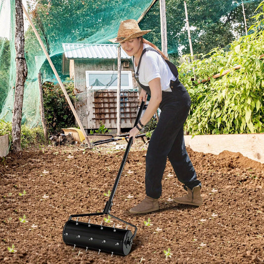 Fillable Drum Lawn Aerator Rolling Heavy Duty - 18 & 21 Inch Spike Roller with 51-Inch Metal Handle, Sand or Stone Fillable Drum for Deeper Soil Penetration, Manual Aeration for Garden Yard Patio