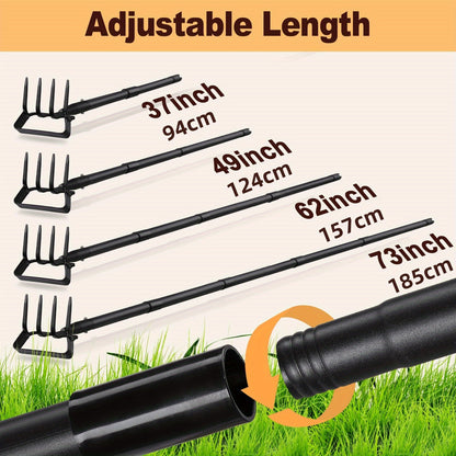 Hula Hoe 2-in-1 Dual Head Stirrup Loop Hoe & 4-Tine Cultivator Rake Heavy Duty All-Metal Long Handle 62 73 82 Inch for Weeding Aerating Loosening Soil