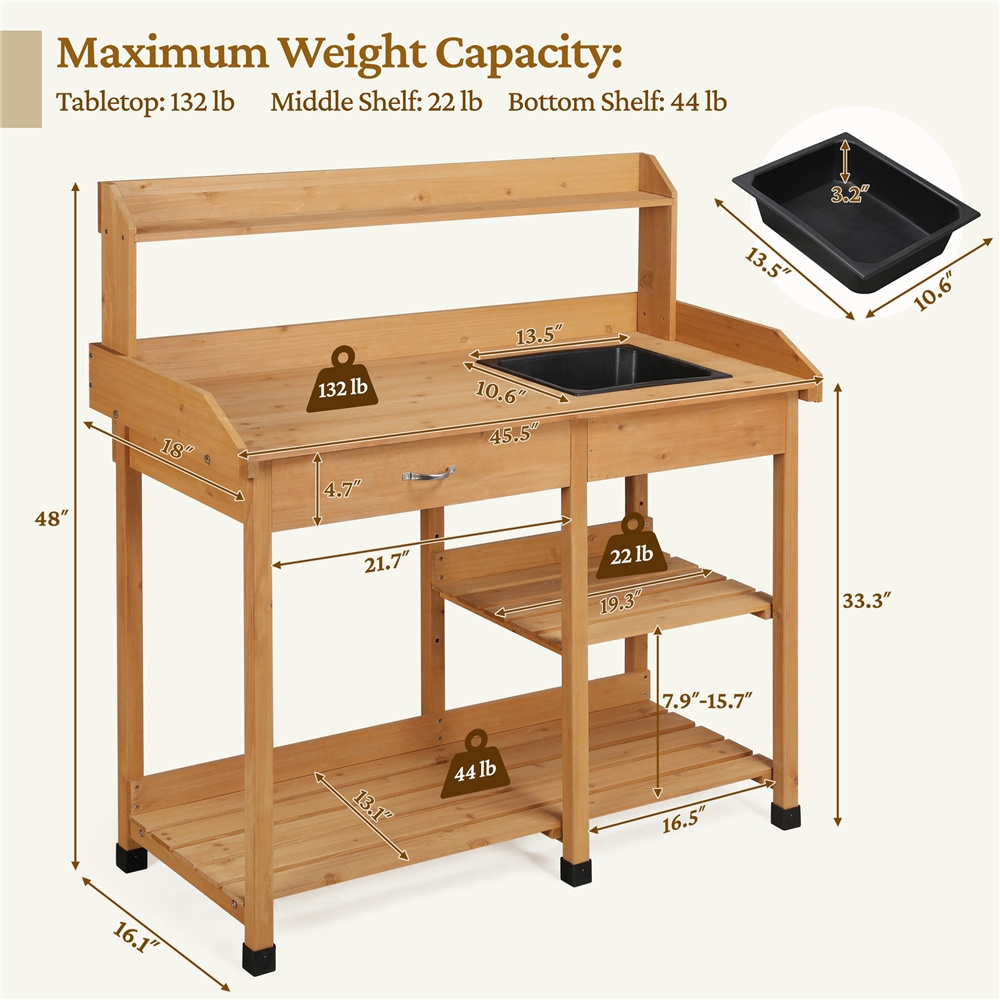 Garden Potting Table 4-Tier with Removable Sink, Adjustable Shelf, Drawer & Side Hooks, Outdoor Planter Stand for Yard Greenhouse in Wood, Brown & Gray