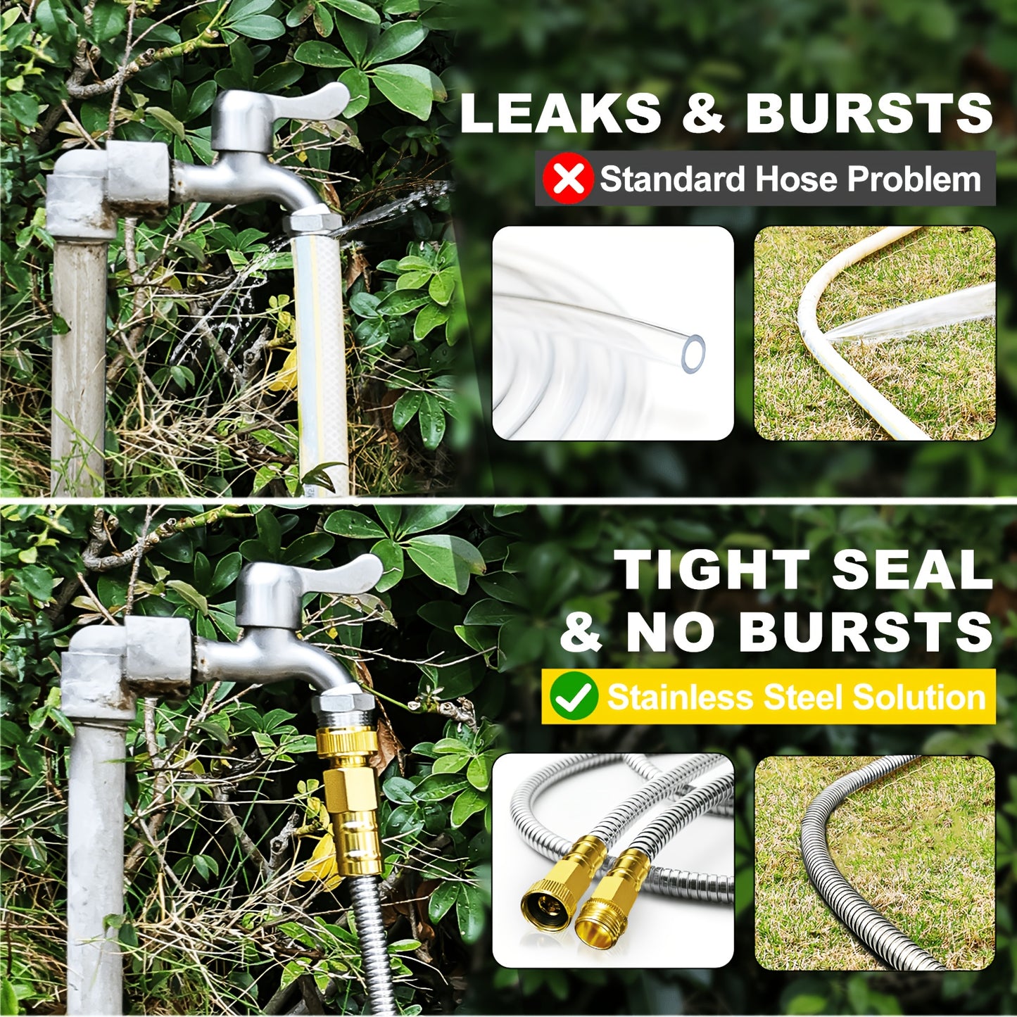 Stainless Steel Metal Garden Hose | Kink-Free, 10-Function Nozzle, Brass Fittings – 10FT to 150FT