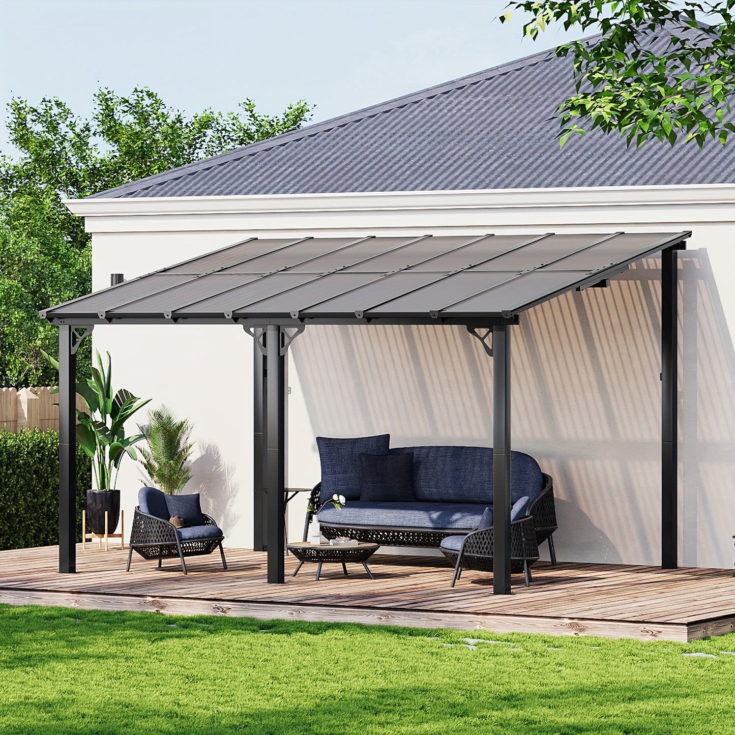 Lean-To Pergola Wall-Mounted Aluminum Louvered Roof Patio Awning