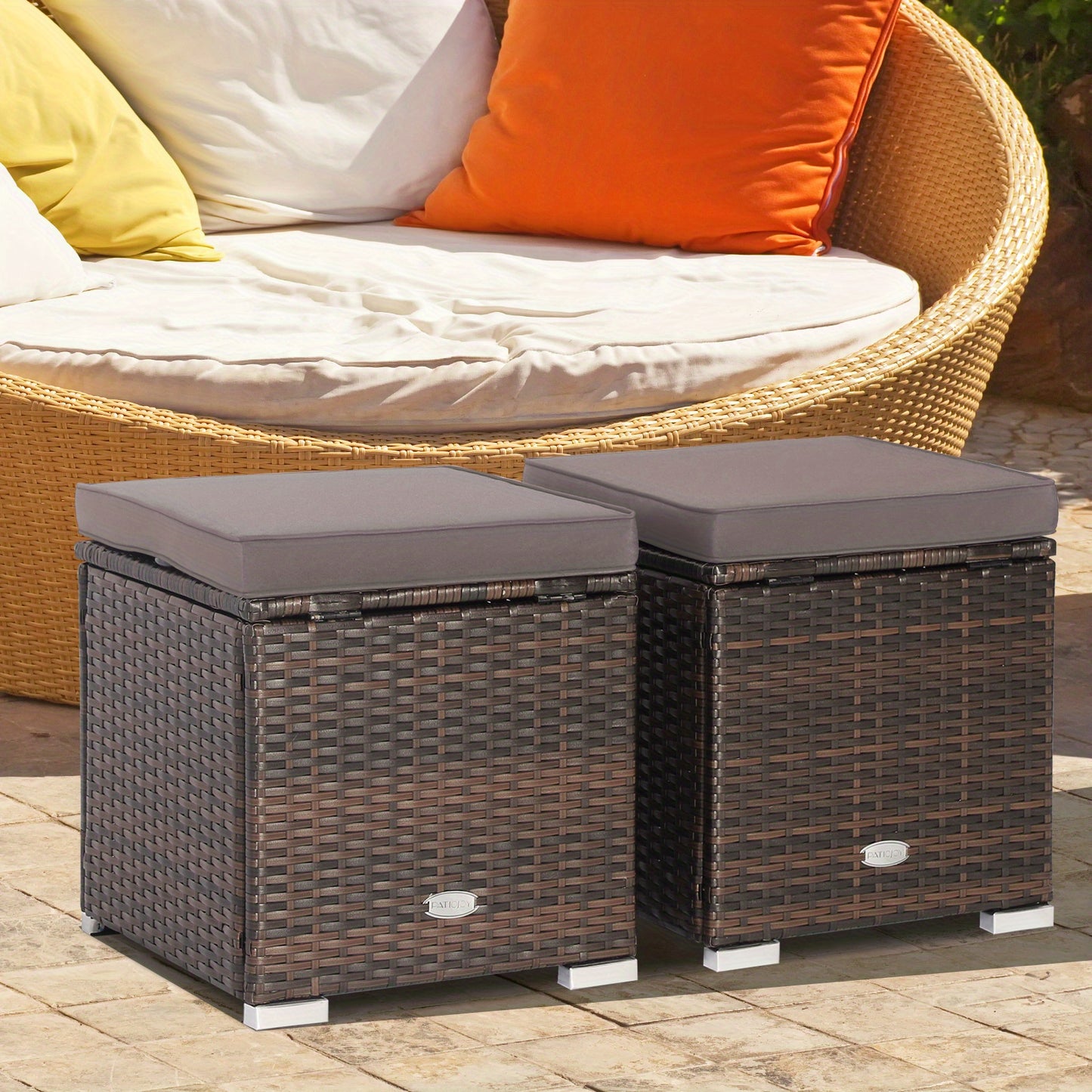 Outdoor Wicker Ottoman Set of 2 with Hidden Storage – PE Wicker Footstools with Detachable Cushions, Side Table & Extra Seating for Patio, Garden & Poolside