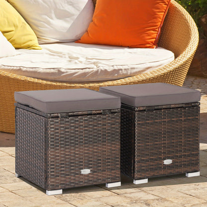 Outdoor Wicker Ottoman Set of 2 with Hidden Storage – PE Wicker Footstools with Detachable Cushions, Side Table & Extra Seating for Patio, Garden & Poolside