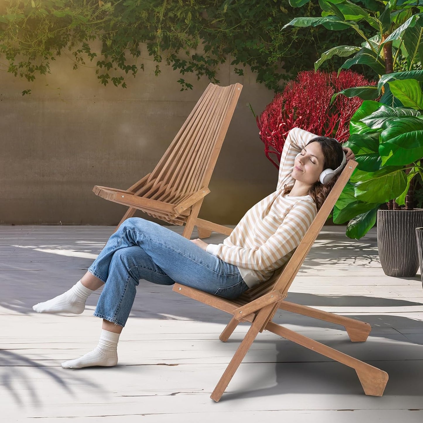 Wood Folding Outdoor Chairs Set of 1/2/4 – Patio Lounge Chair 350LBS