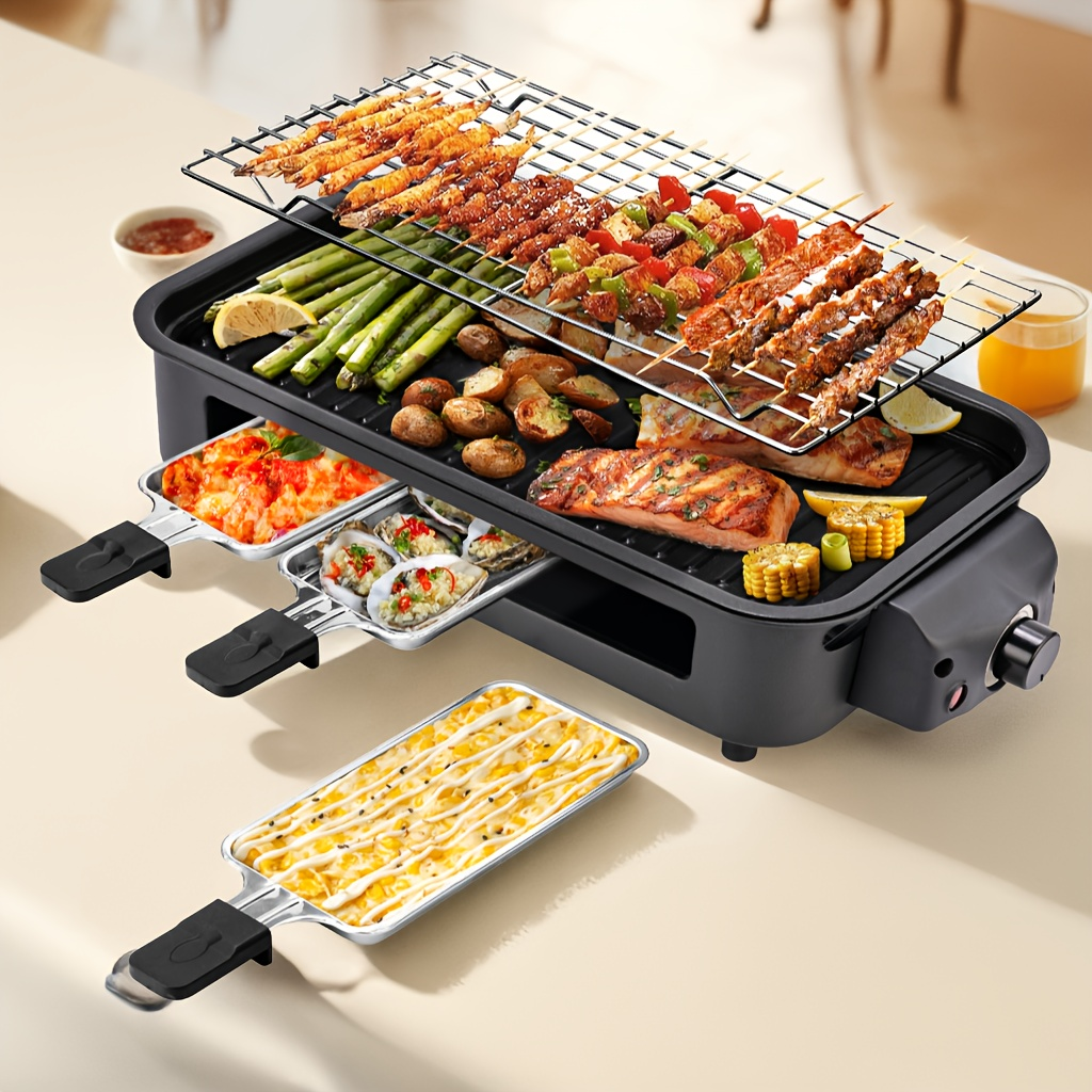 Indoor Electric Smokeless Grill 1700W with Raclette Pans, Non-Stick Dishwasher Safe Plate, Portable Tabletop BBQ Griddle for Couples