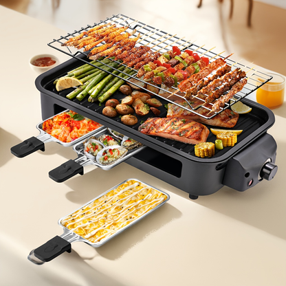 Indoor Electric Smokeless Grill 1700W with Raclette Pans, Non-Stick Dishwasher Safe Plate, Portable Tabletop BBQ Griddle for Couples
