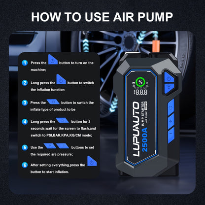 Tire Inflator with Jump Starter 150PSI Dual Cylinder 2X Faster 2500A 15000mAh Power Bank USB-C LED Flashlight Smart Clamps for Cars Motorcycles Bikes