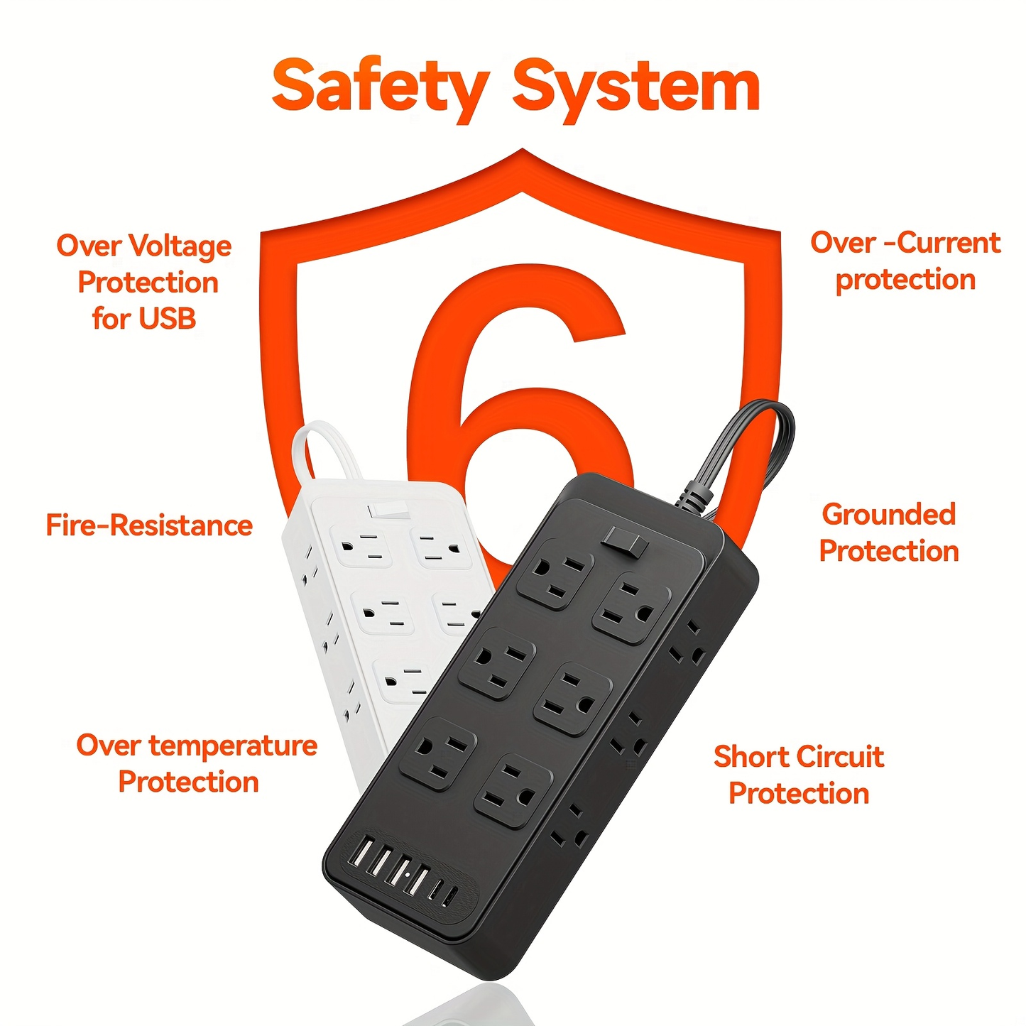 Charging Station 18-in-1 Power Strip Surge Protector 12 AC Outlets 6 USB Ports 4 USB-A 2 USB-C Flat Plug Wide Spacing Wall Mount for Home Dorm Office Travel