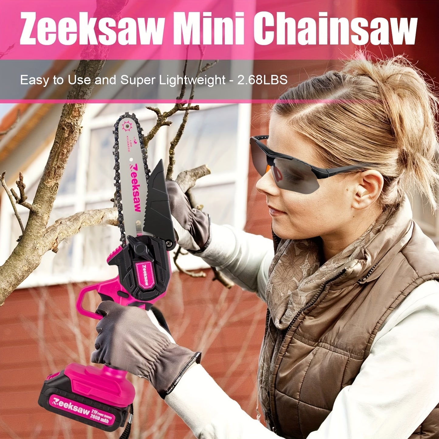 Mini Chainsaw for Women – 6-Inch Pink Cordless Electric Handheld Saw with Battery Level Display, Battery & Charger Included, Gardening Gift