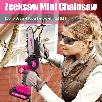 Mini Chainsaw for Women – 6-Inch Pink Cordless Electric Handheld Saw with Battery Level Display, Battery & Charger Included, Gardening Gift
