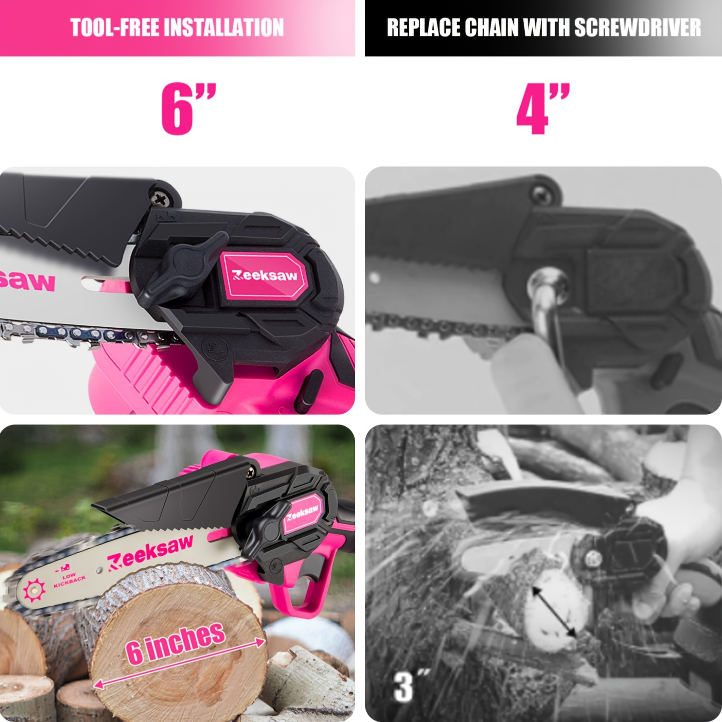 Mini Chainsaw for Women – 6-Inch Pink Cordless Electric Handheld Saw with Battery Level Display, Battery & Charger Included, Gardening Gift