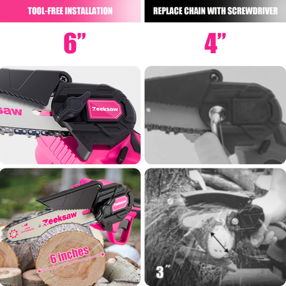 Mini Chainsaw for Women – 6-Inch Pink Cordless Electric Handheld Saw with Battery Level Display, Battery & Charger Included, Gardening Gift