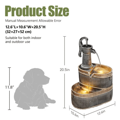 Outdoor Water Fountain 2-Tier Barrel with LED Light & Pump - Rustic Resin Garden Fountain for Patio, Yard & Deck Decor, Bronze Finish, Continuous Flow