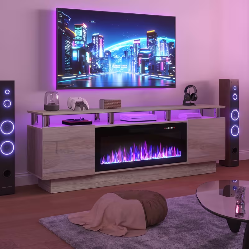 Fireplace TV Stand 70 Inch with 36" Electric Fireplace 2-Tier High Gloss Wood Entertainment Center LED Lights Cabinet Media Console Living Room
