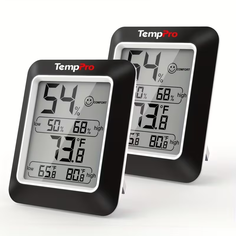 Indoor Hygrometer Thermometer 2-Pack - Room Temperature Humidity Meter with Air Comfort Indicator, Battery Powered for Home, Basement & Greenhouse, Black