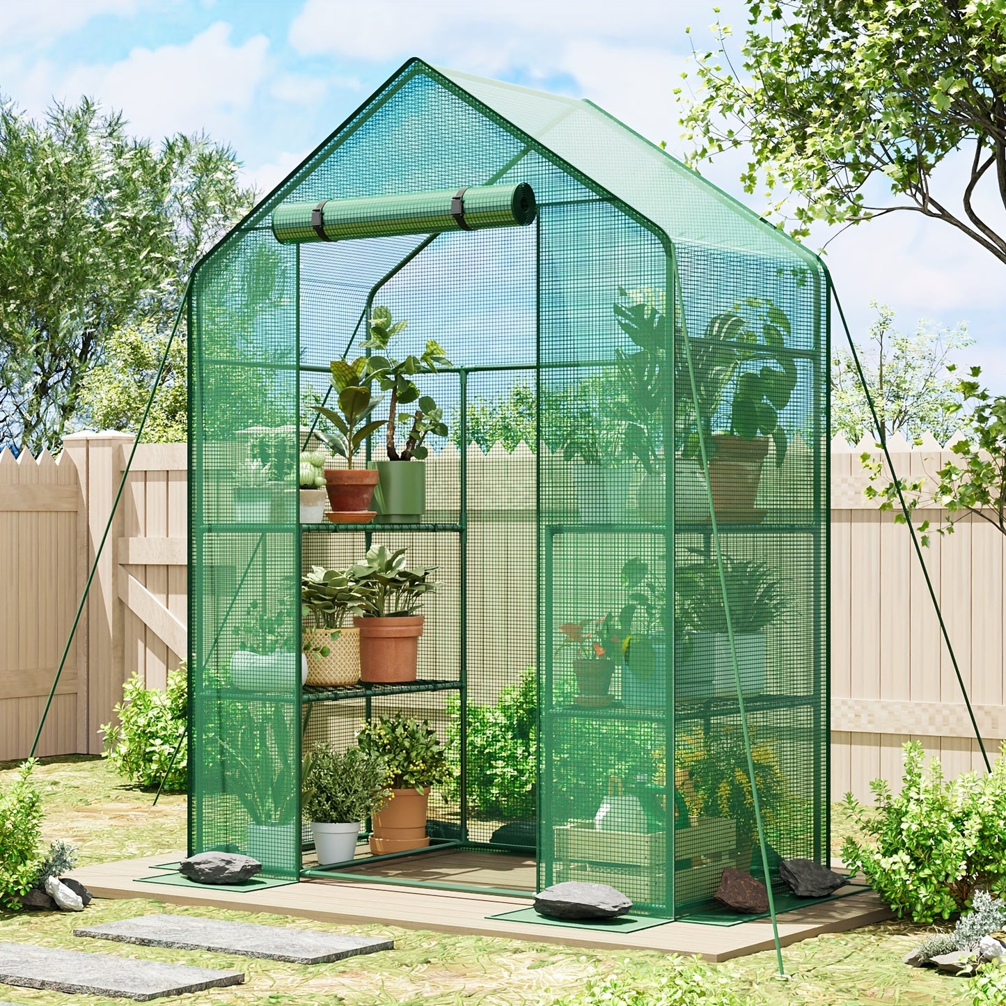 Tiered Greenhouse Shelves 3/4-Tier Portable Mini Plant Greenhouse with PE Cover & Aluminum Frame, Indoor Outdoor Warm House for Seedlings & Flowers, White & Green