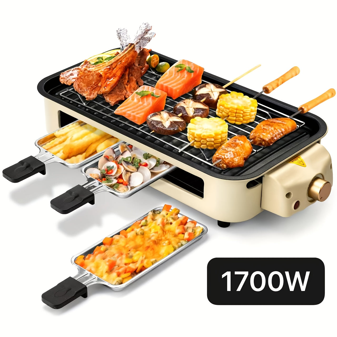 Indoor Electric Smokeless Grill 1700W with Raclette Pans, Non-Stick Dishwasher Safe Plate, Portable Tabletop BBQ Griddle for Couples