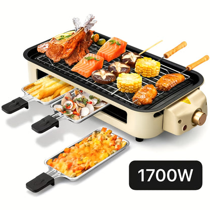 Indoor Electric Smokeless Grill 1700W with Raclette Pans, Non-Stick Dishwasher Safe Plate, Portable Tabletop BBQ Griddle for Couples