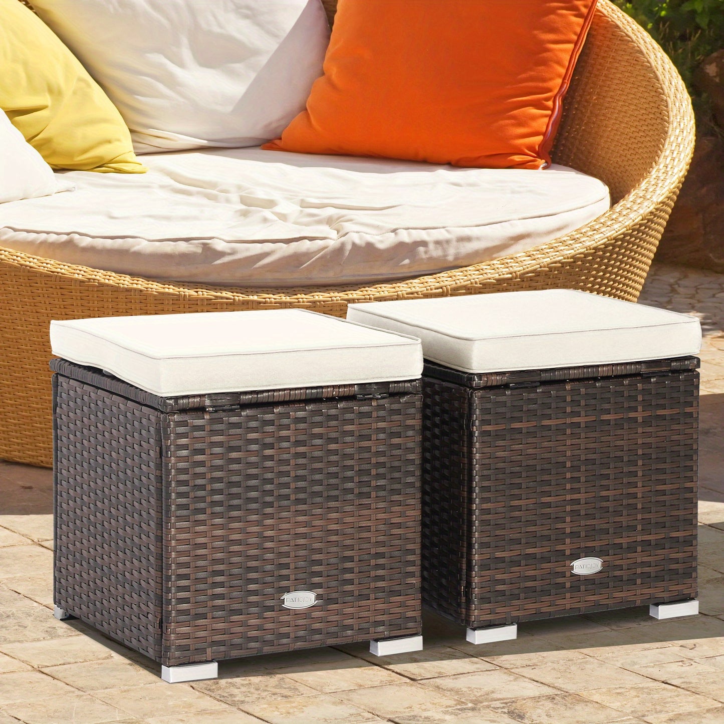 Outdoor Wicker Ottoman Set of 2 with Hidden Storage – PE Wicker Footstools with Detachable Cushions, Side Table & Extra Seating for Patio, Garden & Poolside