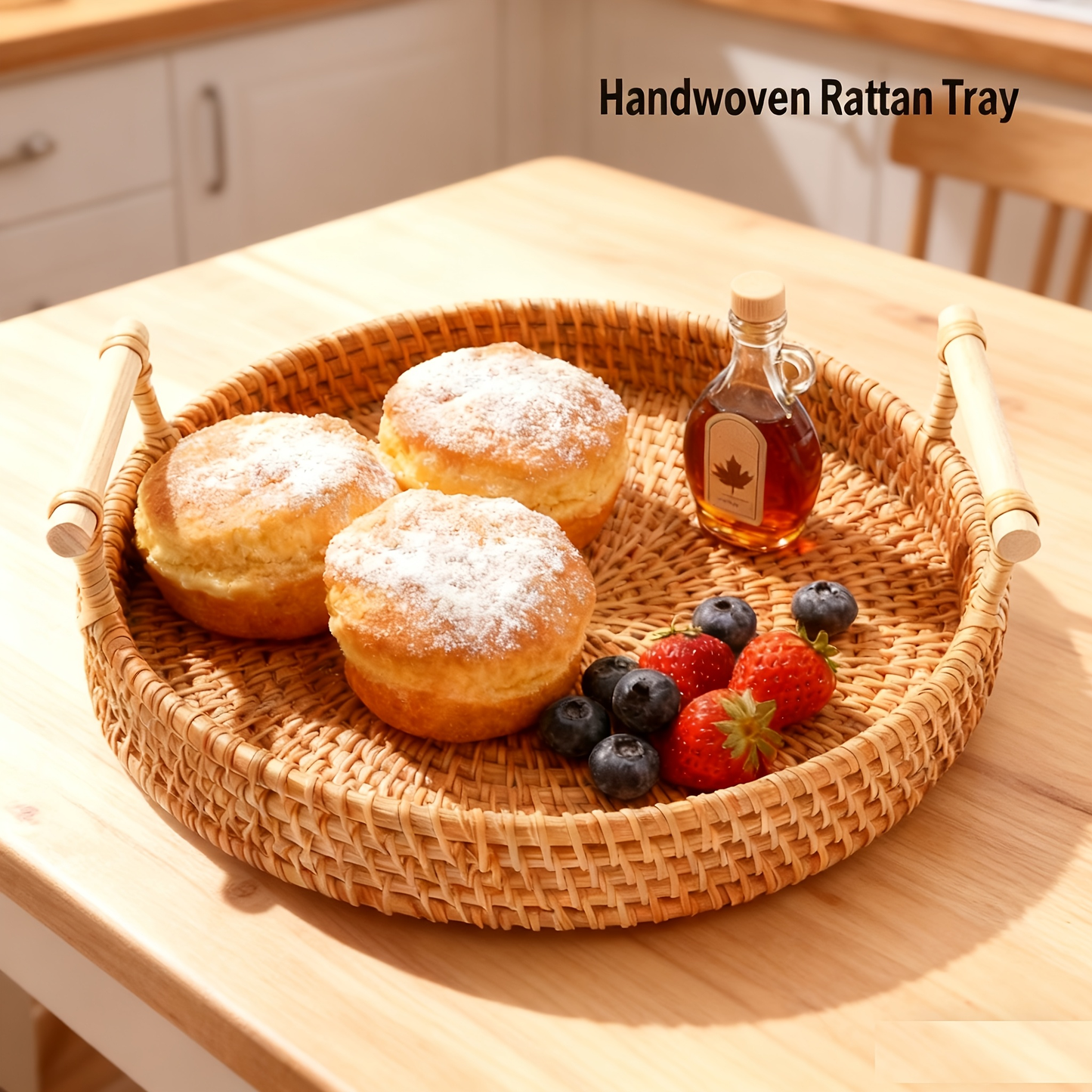 Cheese Board Tray Set - Hand-Woven Rattan Decorative Serving Tray with Handles, Boho Farmhouse Wicker Basket for Coffee Table, Fruit Bread Snack Gift, 3-Piece