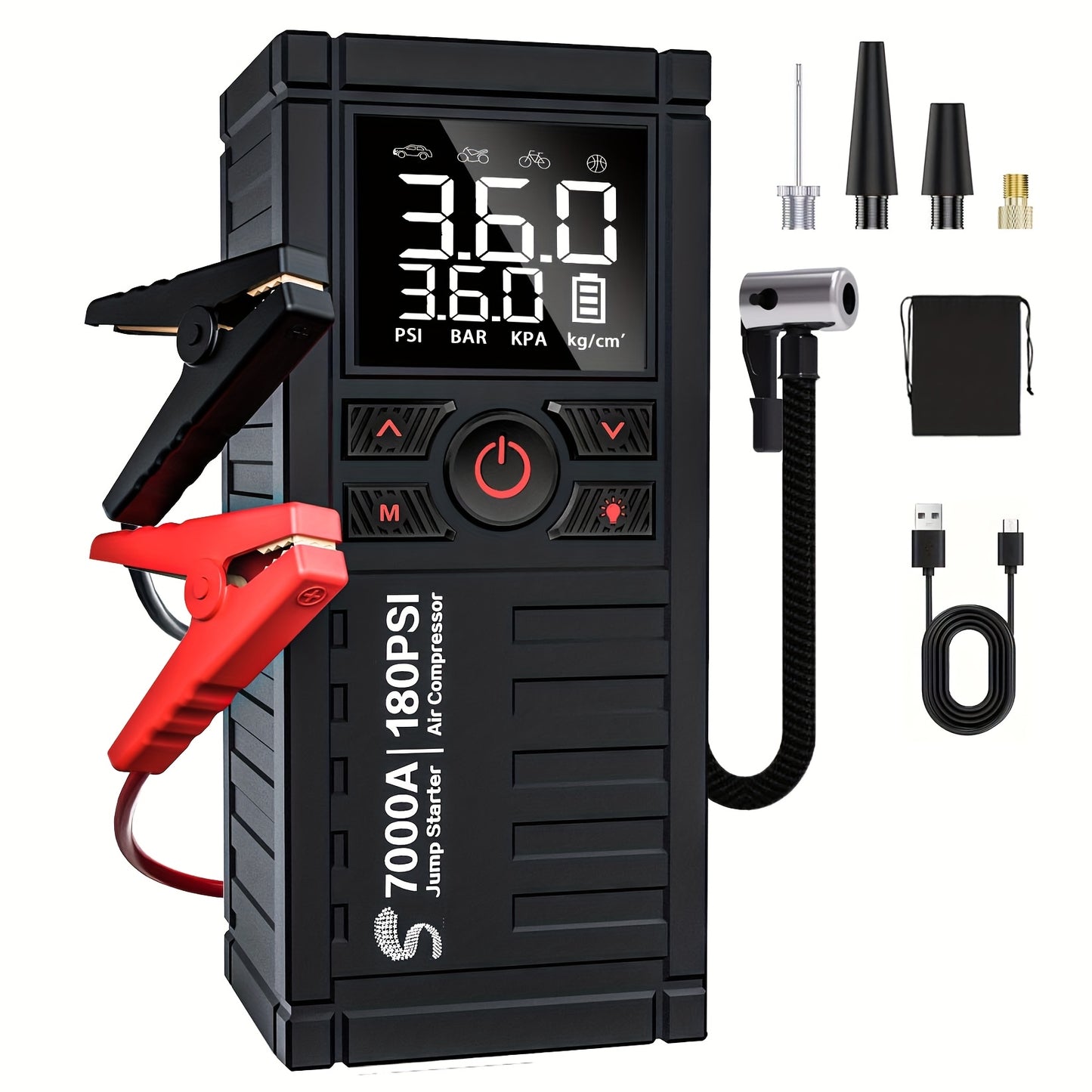 7000A Jump Starter 8-in-1 29800mAh with Air Compressor Tire Inflator SOS LED Flashlight Power Bank for 10L Gas 8.5L Diesel Cars Trucks RV Motorcycle Boat