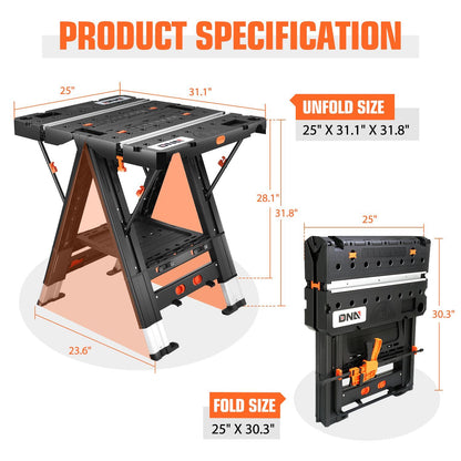 Portable Workbench 2-in-1 Folding Work Table & Sawhorse, 31"x25" Heavy-Duty Foldable Workbench with Clamps, Connecting Blocks & Tool Tray for Woodworking