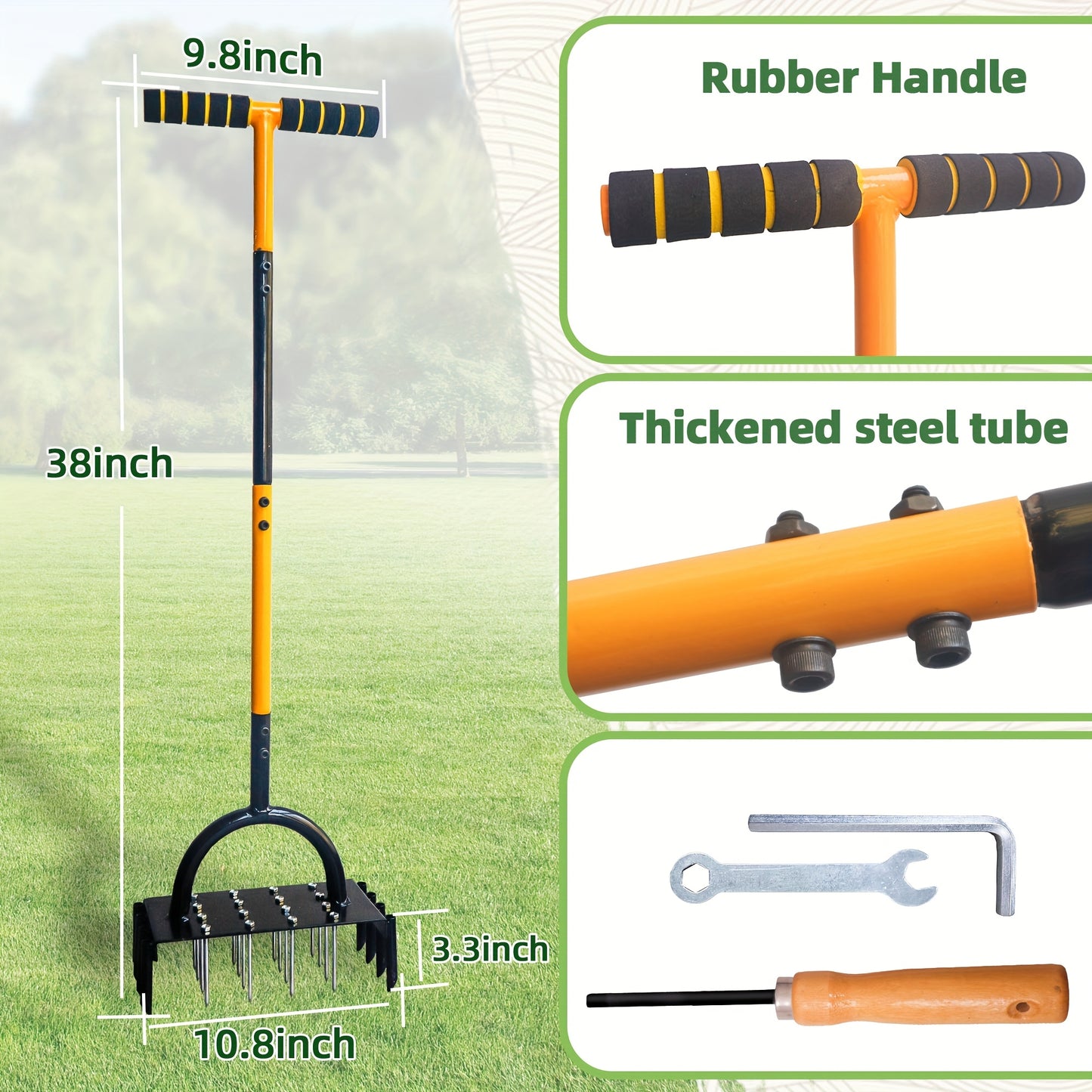 2-in-1 Lawn Aerator 38-Inch Manual Tool with 16 Spikes & 8 Corer Plugs - Dual-Function Spike & Plug Aerator for Garden Grass Aeration, Lawn Thatch Loosening & Yard Care