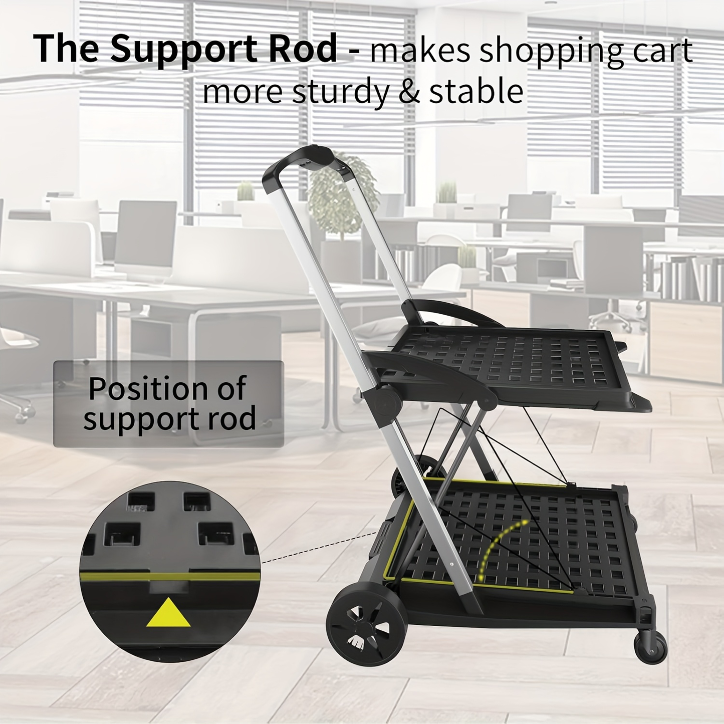 Folding Shopping Cart with 2-Layer Storage Crate | Heavy Duty Collapsible Utility Cart for Groceries, Warehouse & Supermarket | Black