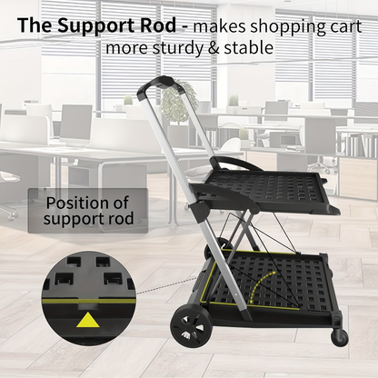 Folding Shopping Cart with 2-Layer Storage Crate | Heavy Duty Collapsible Utility Cart for Groceries, Warehouse & Supermarket | Black