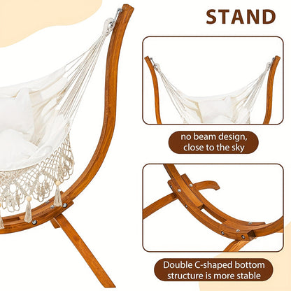 Hammock Swing Chair with Stand – Heavy-Duty Wood Frame Macrame Boho Handmade Hanging Chair with Cushion, 400 lbs Capacity for Yard, Garden & Porch