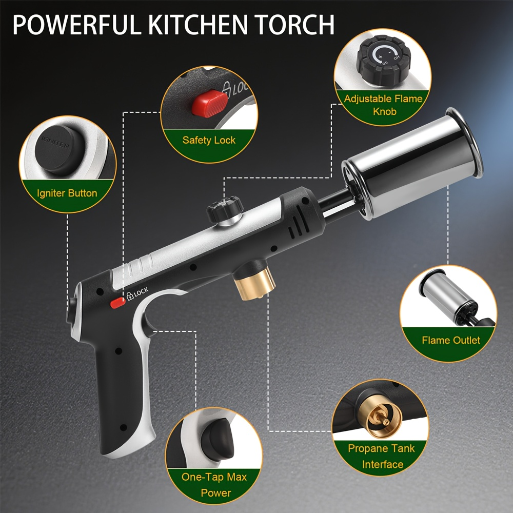Propane Torch with One-Touch Max Fire & Safety Lock, Cooking Blow Torch Gun for Sous Vide, Searing Steak, BBQ, Grill, Campfire & Charcoal, Adjustable Flame Kitchen Torch, Black/Golden (Tank Not Included)