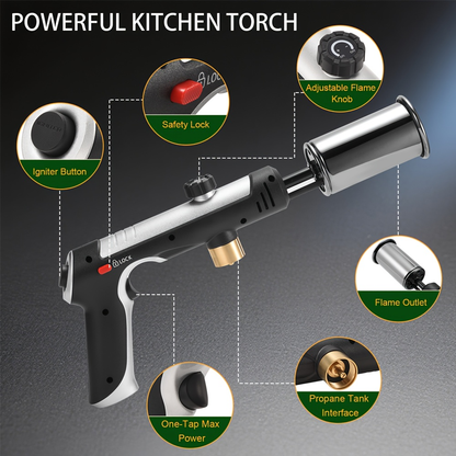 Propane Torch with One-Touch Max Fire & Safety Lock, Cooking Blow Torch Gun for Sous Vide, Searing Steak, BBQ, Grill, Campfire & Charcoal, Adjustable Flame Kitchen Torch, Black/Golden (Tank Not Included)