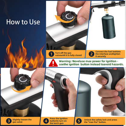 Propane Torch Gun with Safety Lock & One-Touch Max Fire – Adjustable Flame Butane Burner for Searing Steak, BBQ, Caramel, Camping, Welding & Crafts (Gas Not Included)