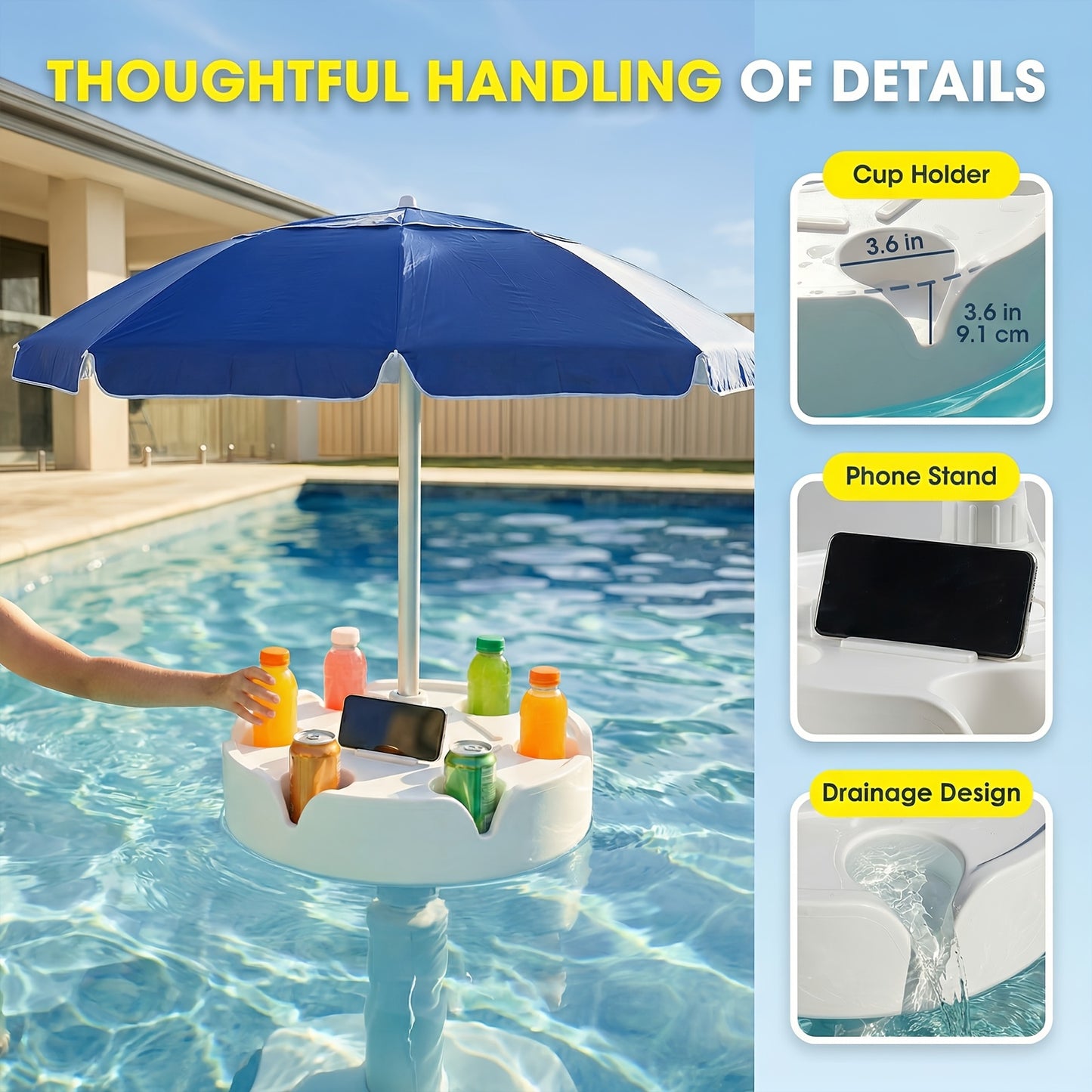 Pool Umbrella 7ft Floating for In-Pool Use, Portable Sun Shade with Base, Cup Holder & Carry Bag, UV Protection Sun Shelter for Swimming Pool, Beach & Lake, Blue