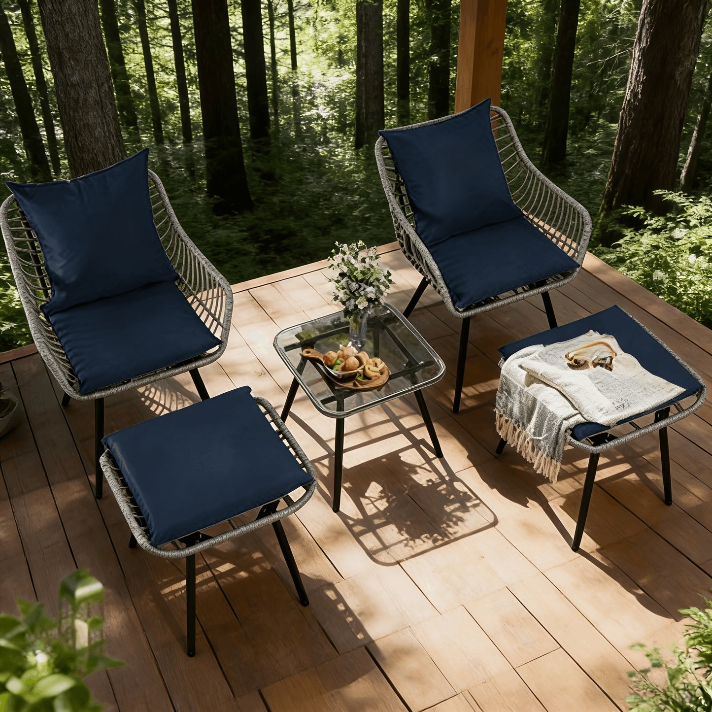 Patio Furniture Set 5 Piece | PE Rattan Sofa with 2 Footstools & Coffee Table, All-Weather Wicker, Easy Assembly, for Garden Balcony Backyard Poolside — Gray & Blue