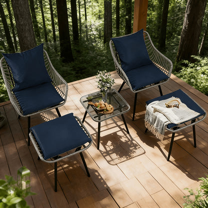 Patio Furniture Set 5 Piece | PE Rattan Sofa with 2 Footstools & Coffee Table, All-Weather Wicker, Easy Assembly, for Garden Balcony Backyard Poolside — Gray & Blue