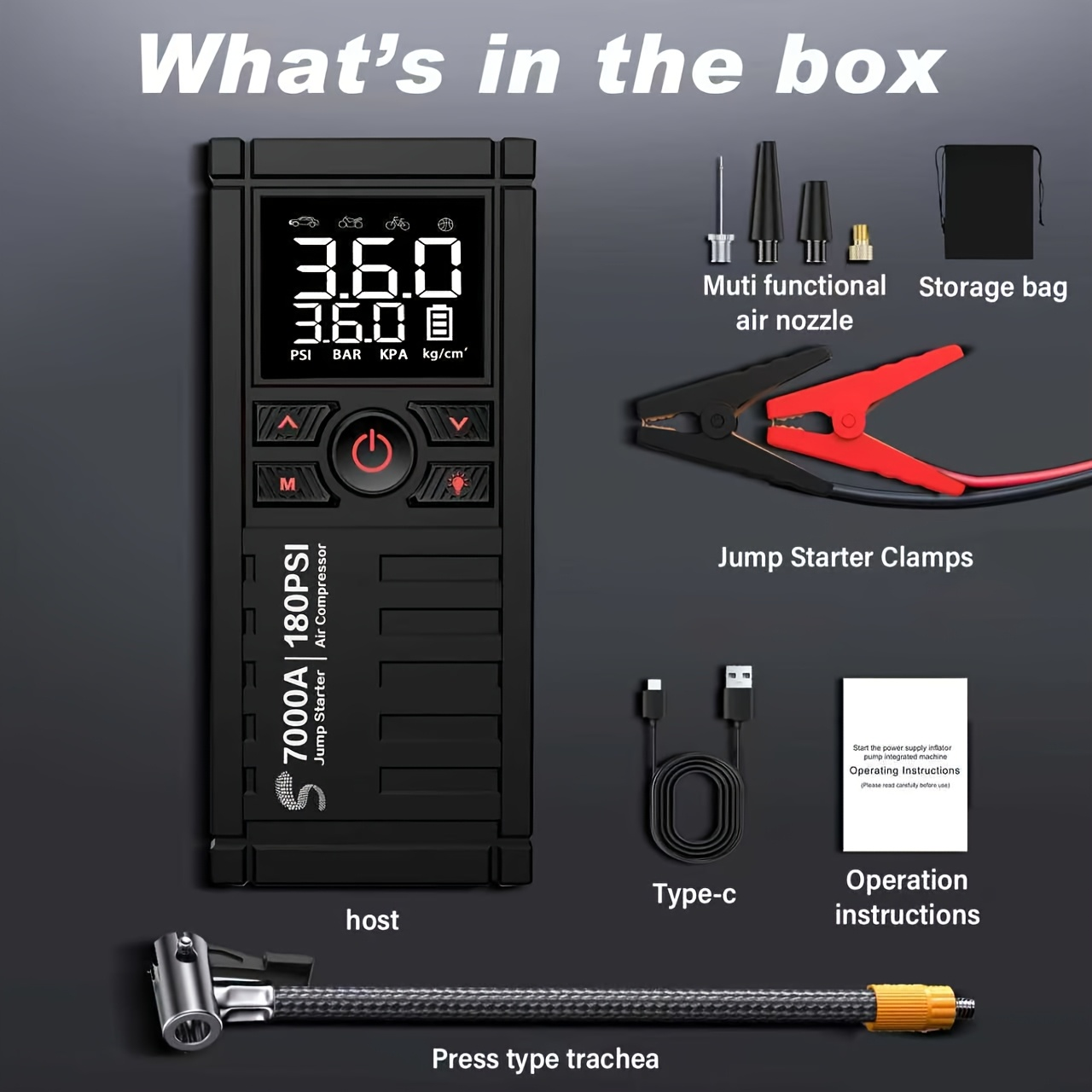 7000A Jump Starter 8-in-1 29800mAh with Air Compressor Tire Inflator SOS LED Flashlight Power Bank for 10L Gas 8.5L Diesel Cars Trucks RV Motorcycle Boat