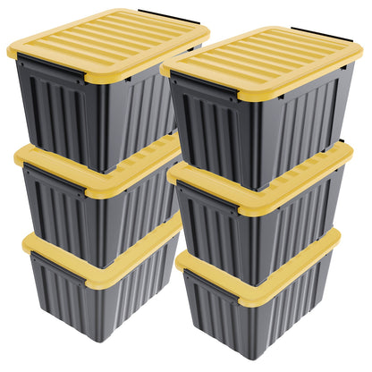 Stackable Storage Bins with Lids and Wheels | 72QT & 97QT Heavy Duty Bins | 4 or 6 Pack | 220LB Capacity | Clear, Blue/White, Black/Yellow
