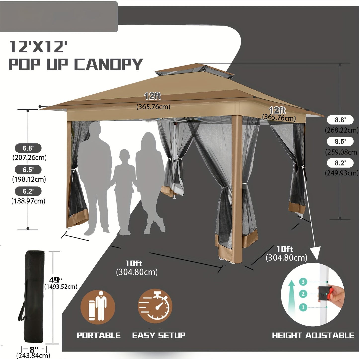 Patio Gazebo Pop-Up Double Roof Mosquito Net 11x11 12x12ft Shade