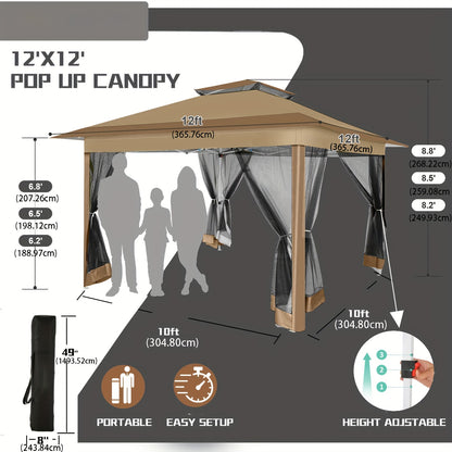 Patio Gazebo Pop-Up Double Roof Mosquito Net 11x11 12x12ft Shade