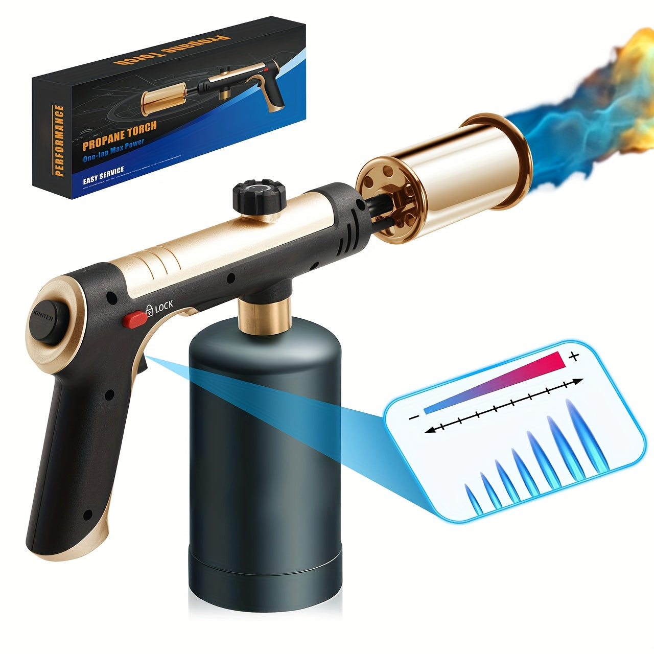 Propane Torch with One-Touch Max Fire & Safety Lock, Cooking Blow Torch Gun for Sous Vide, Searing Steak, BBQ, Grill, Campfire & Charcoal, Adjustable Flame Kitchen Torch, Black/Golden (Tank Not Included)