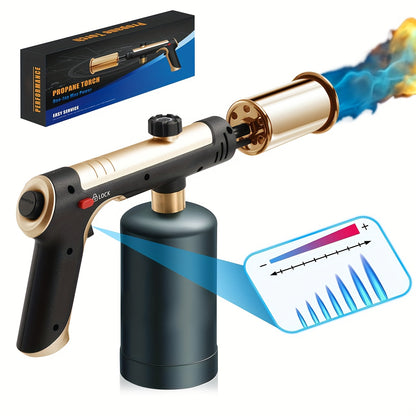 Propane Torch with One-Touch Max Fire & Safety Lock, Cooking Blow Torch Gun for Sous Vide, Searing Steak, BBQ, Grill, Campfire & Charcoal, Adjustable Flame Kitchen Torch, Black/Golden (Tank Not Included)