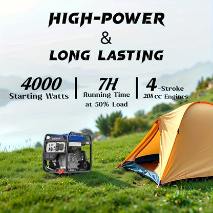 Portable Generator 4000W Four-Stroke Gas Powered with 2x120V AC 30A RV Port 12V DC USB-C for Home Backup Camping RV Hurricane Emergency Power Outdoor