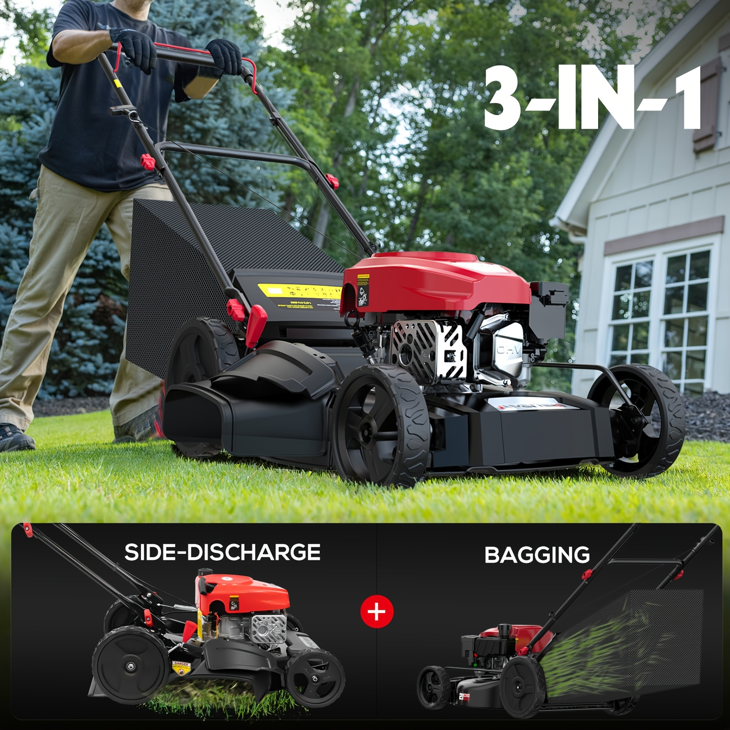 Gas Lawn Mower 21-Inch 144cc/170cc Push & Self-Propelled 2-in-1/3-in-1 Mulching, 6-Position Height Adjustment, High Rear Wheels, Foldable Handle