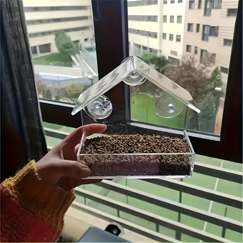 Bird Feeder Window Mount Clear Acrylic Seed Dispenser with Strong Suction Cups - Weatherproof All Season Outdoor Indoor Bird Watching Tray for Finches Sparrows Chickadees Songbirds Nature Lover Gift