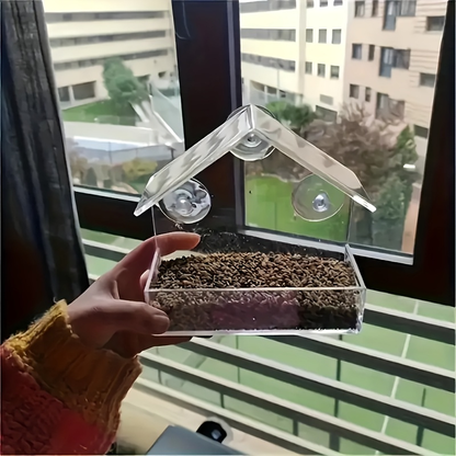 Bird Feeder Window Mount Clear Acrylic Seed Dispenser with Strong Suction Cups - Weatherproof All Season Outdoor Indoor Bird Watching Tray for Finches Sparrows Chickadees Songbirds Nature Lover Gift