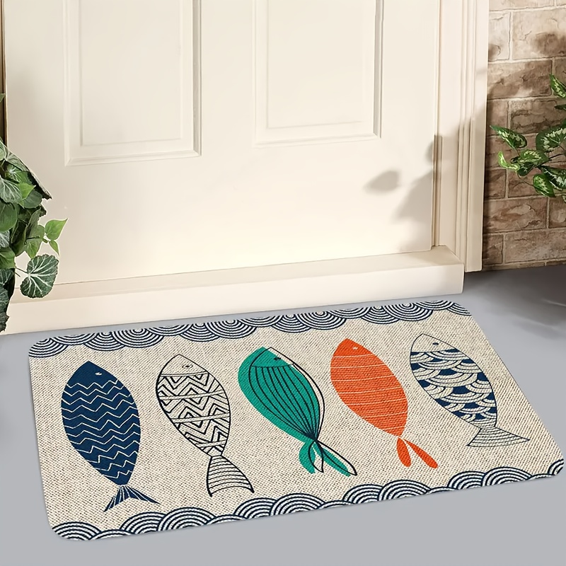 Washable Fish Pattern Door Mat Flannel Non-Slip Rug for Front Door Bedroom Farmhouse Laundry Room